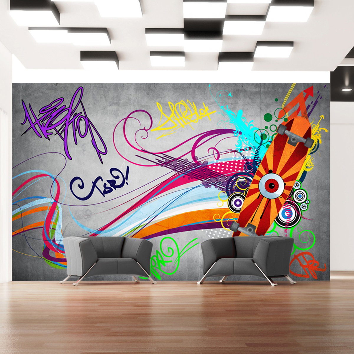 Papier peint intissé panoramique Street art Skateboard multicouleur, EDEN