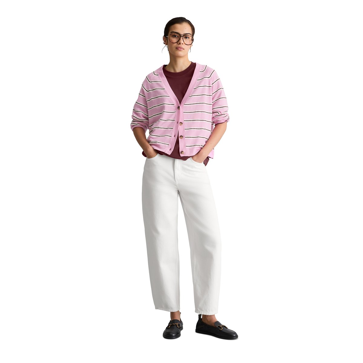 Cardigan rayé regular en mélange coton-modal organique rose, MARC O’POLO DENIM