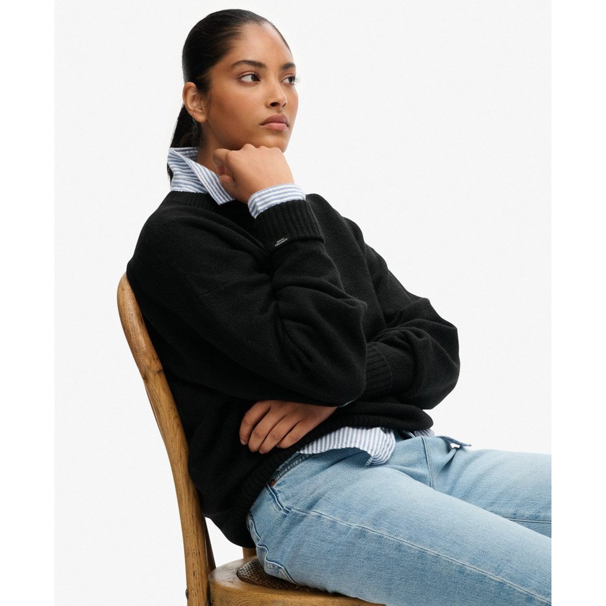 Pull col rond ample noir, SUPERDRY