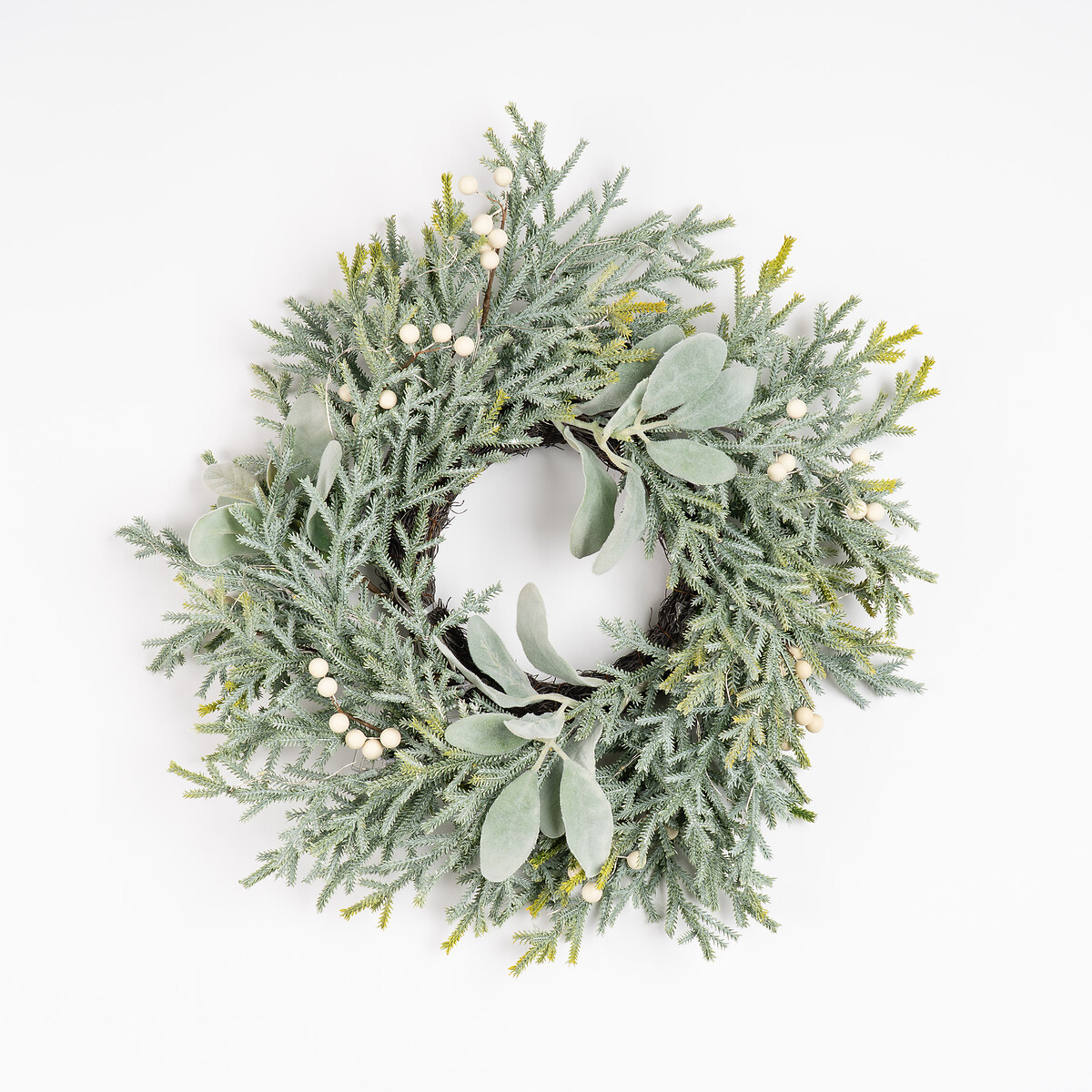 45cm Pre-lit Frosted Wreath with Lambs Ear white, SO'HOME