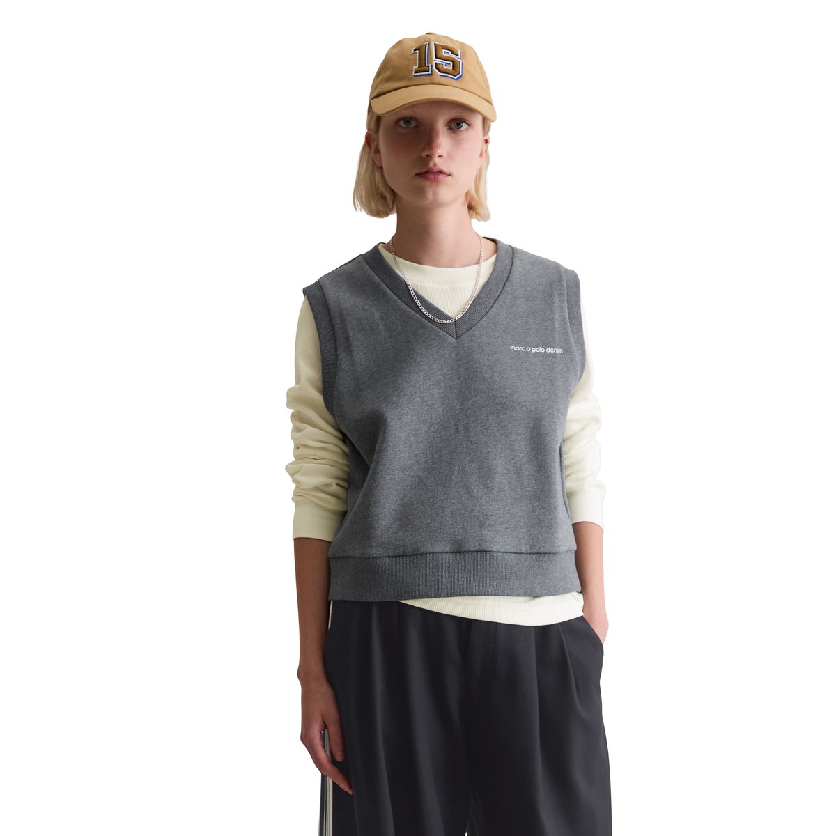 Pull-over en sweat style collège regular avec intérieur moelleux et gratté gris, MARC O’POLO DENIM
