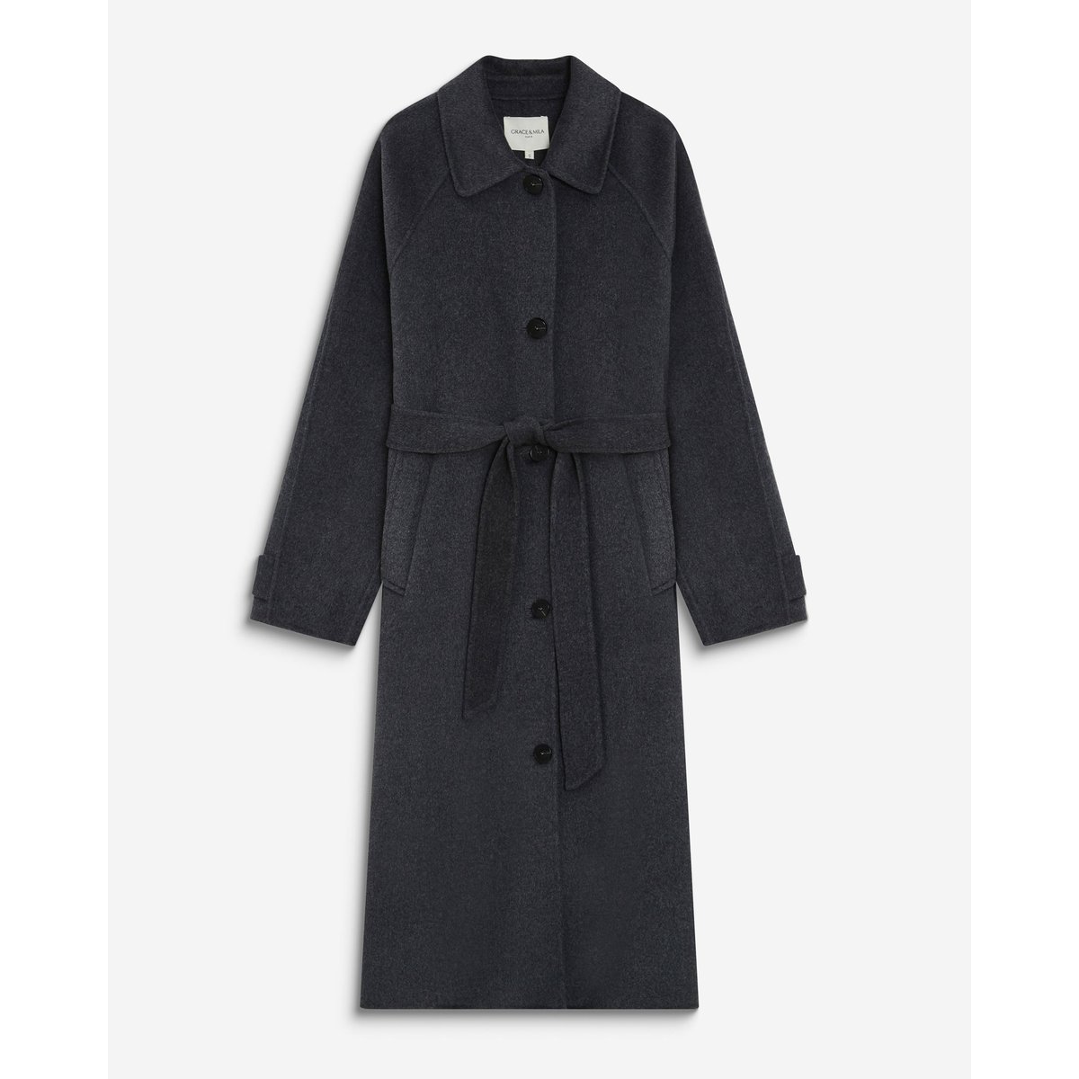 Manteau long en laine mélangée ceinturé sable Adam anthracite, GRACE & MILA