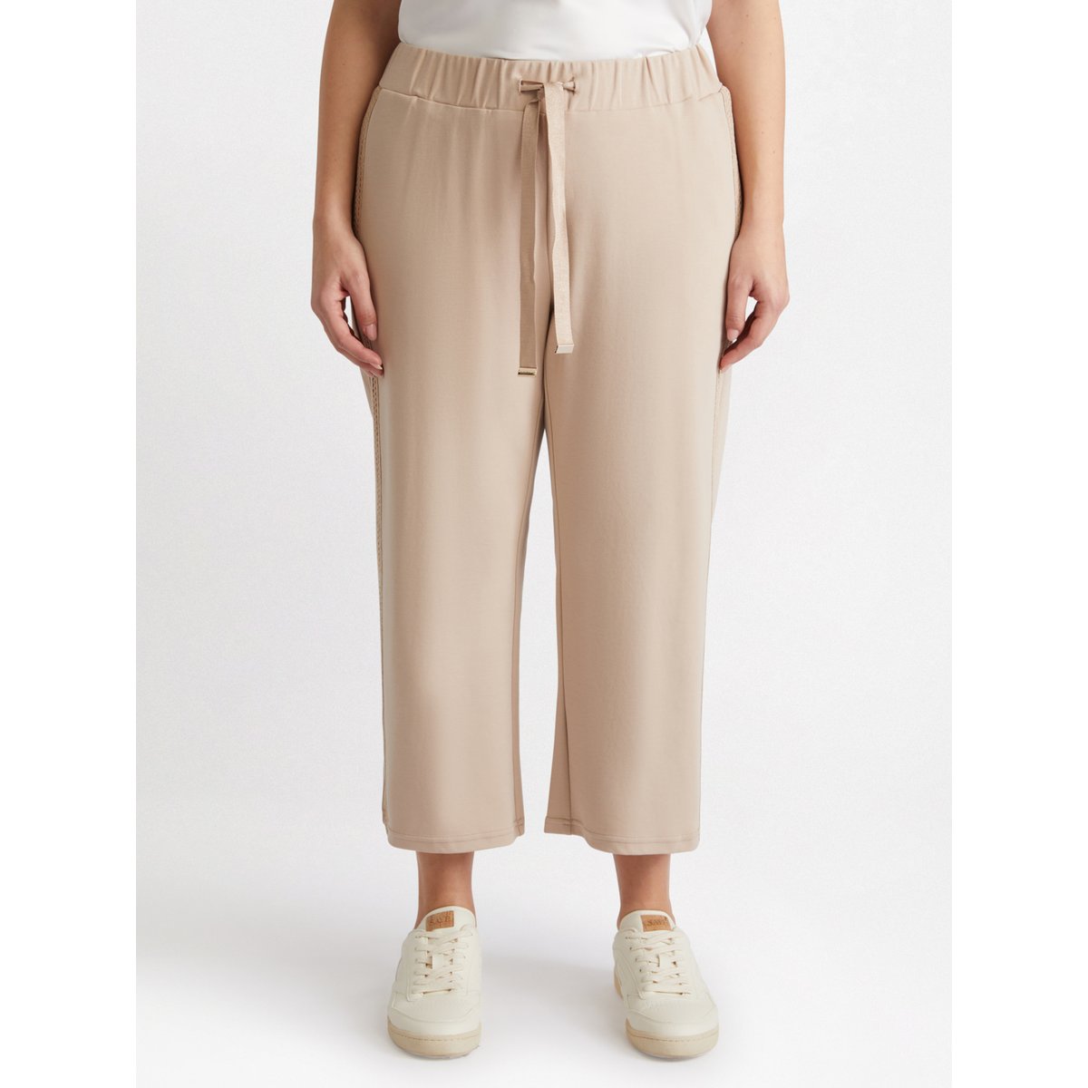 Pantalon de jogging court avec bords en dentelle beige, FIORELLA RUBINO