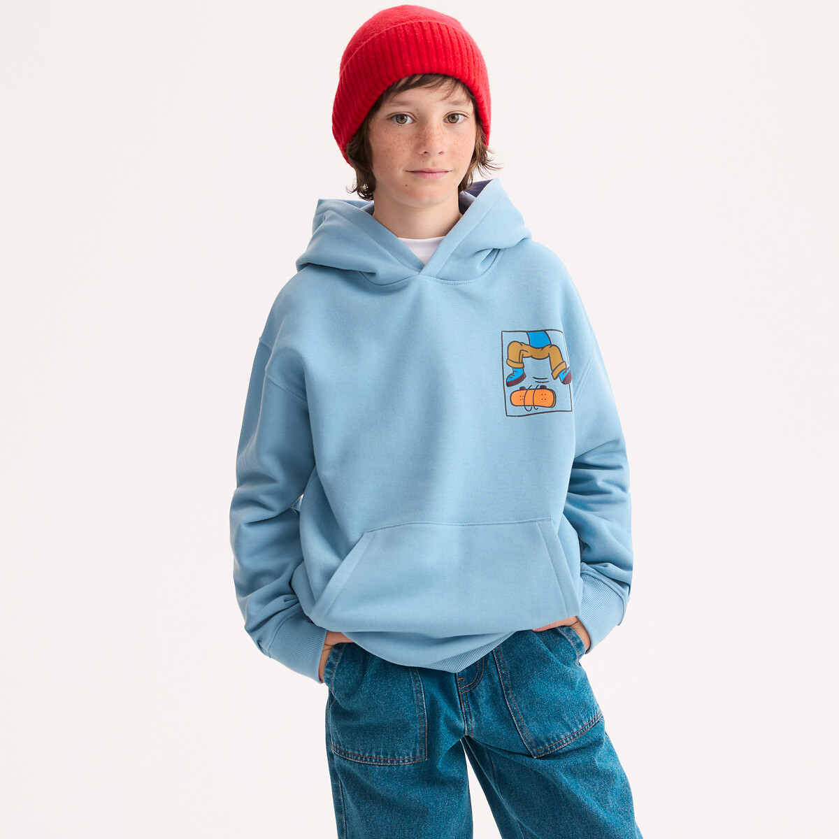 Sudadera de felpa con capucha, estampados en la parte delantera y trasera azul , LA REDOUTE COLLECTIONS