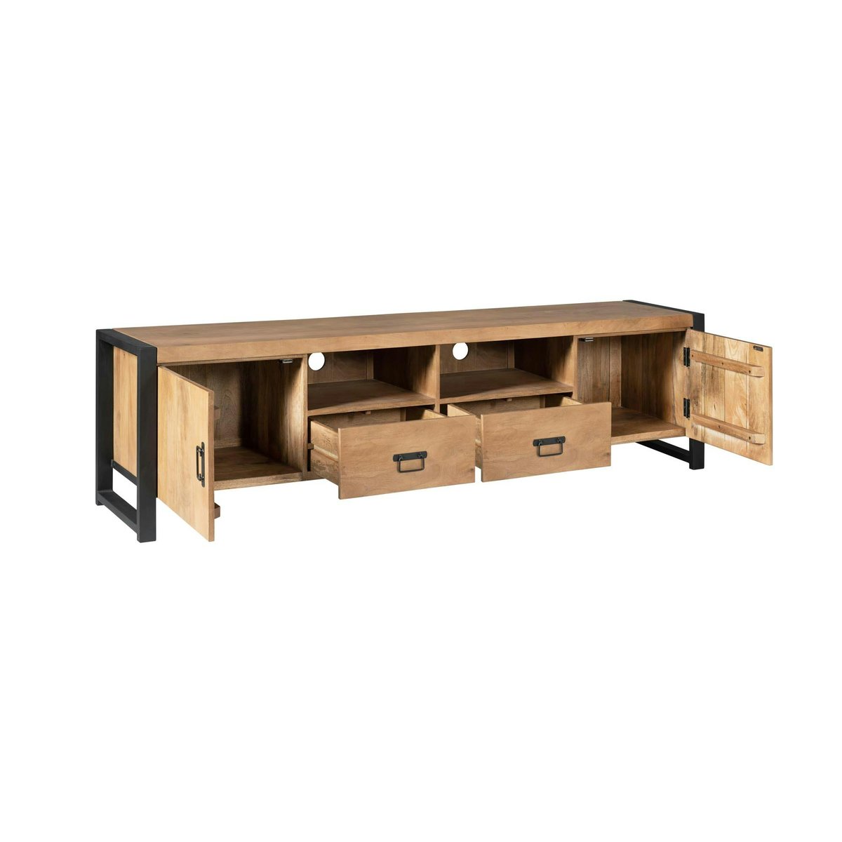 Meuble TV en bois, 2 portes 2 tiroirs 200cm MILORA bois clair, PIER IMPORT