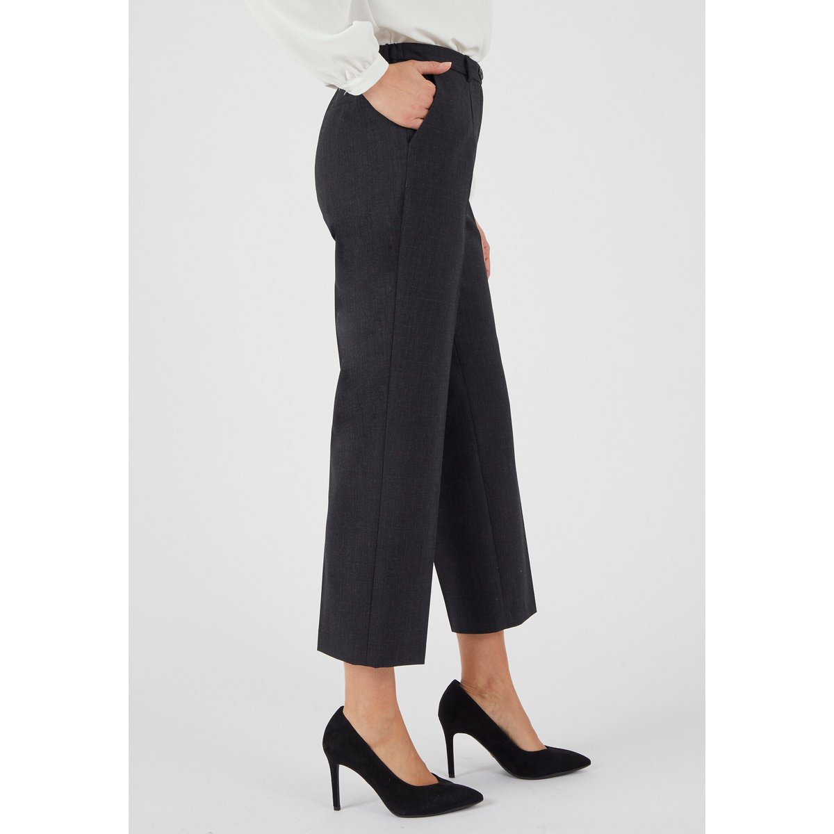 Pantalon large mélange laine bi-stretch gris anthracite chiné, DAMART