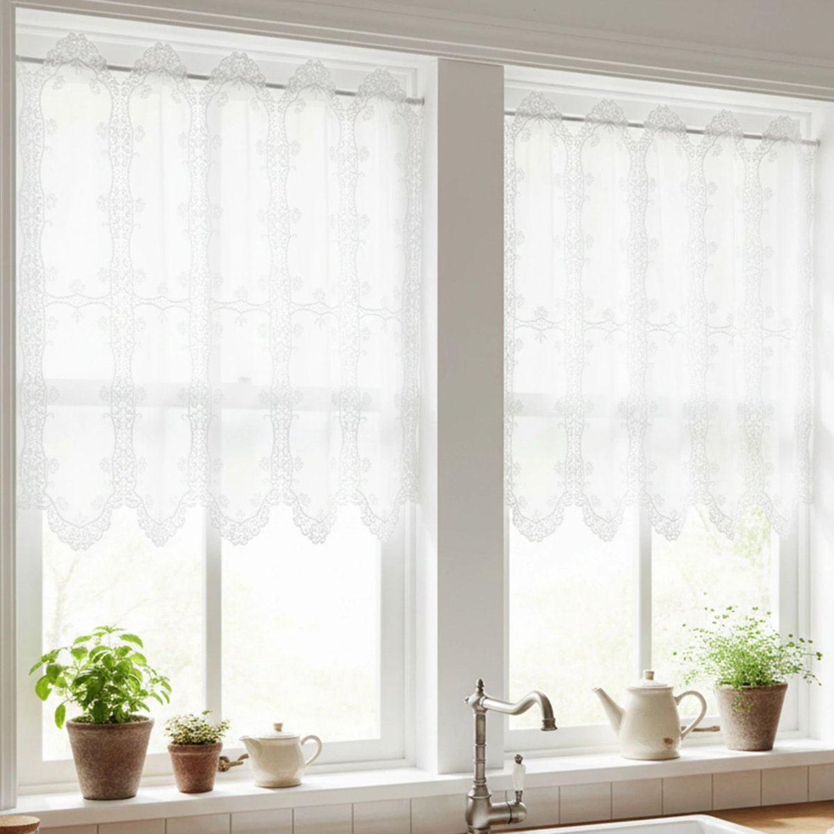 Brise-bise ajouré avec macramé fleuri - QABANE blanc, HOME MAISON
