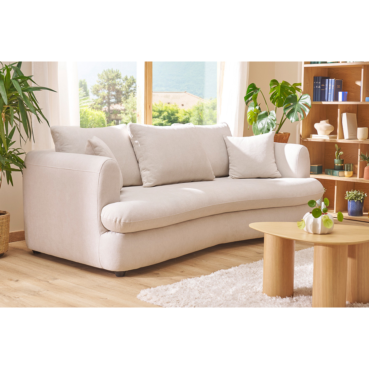 Canapé convertible déhoussable 3-4 places design haricot en tissu effet velours texturé vert kaki SACHA beige, MILIBOO