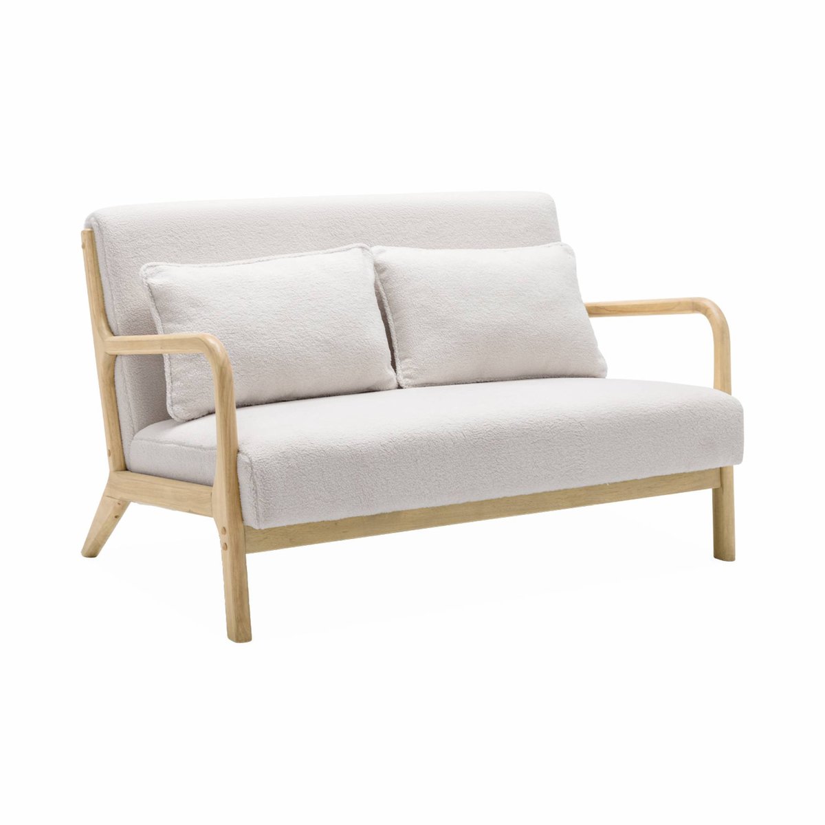 Banquette scandinave 2 places bois d'hévéa et bouclette LORENS crème, SWEEEK