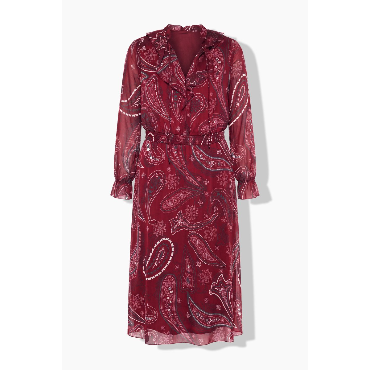 Robe midi, coupe trapèze, mousseline rouge vin, STUDIO UNTOLD