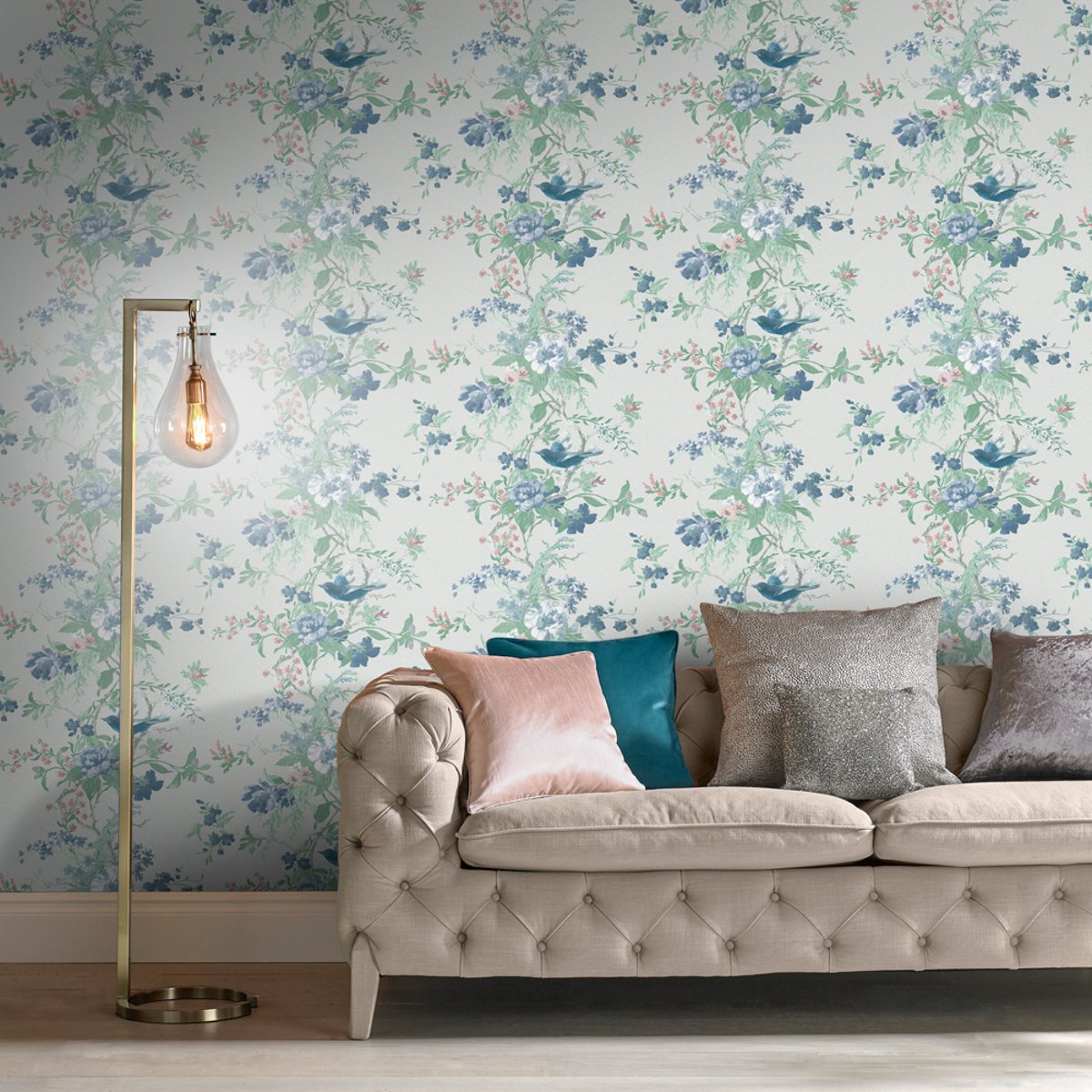 Papier peint Venetian Stone beu, vert, rose sur fond blanc grisé, GRAHAM ET BROWN