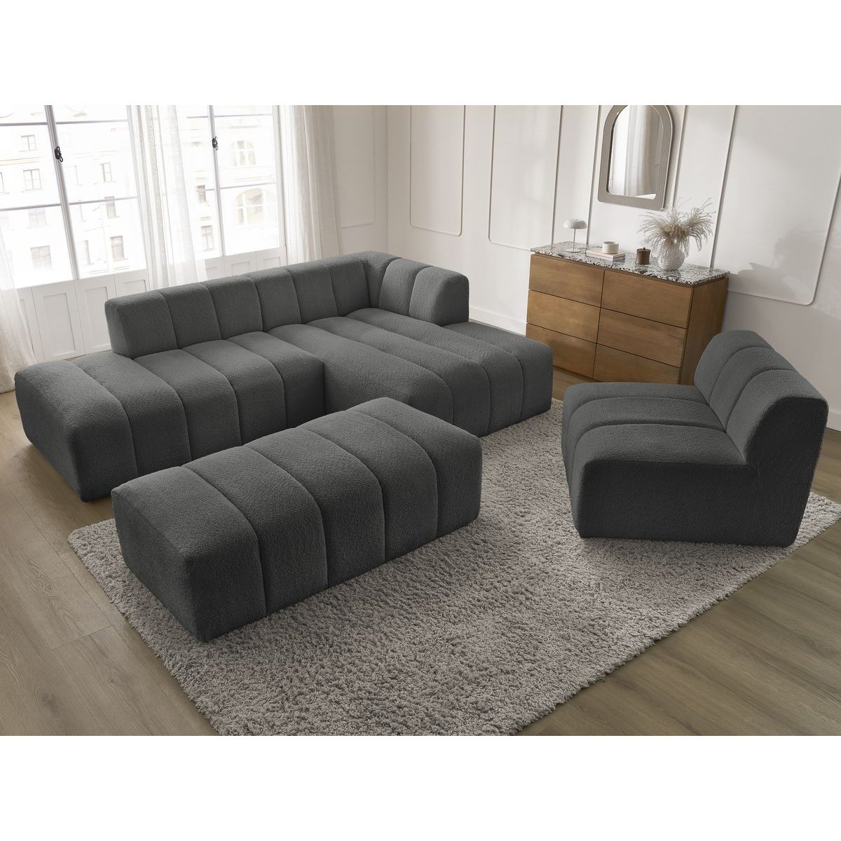 Canapé modulable 5 places en tissu bouclette, ANNECY gris foncé, BOBOCHIC