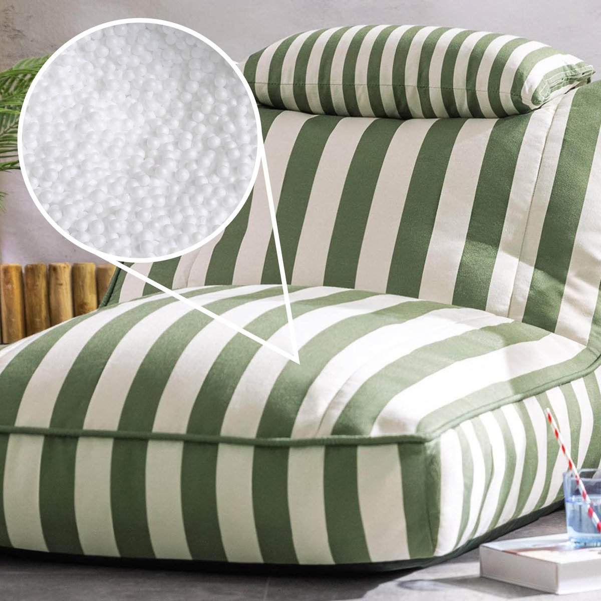 Pouf chauffeuse d'extérieur en tissu tissé rayé, Oeko-Tex® - NOVA vert olive, ICON