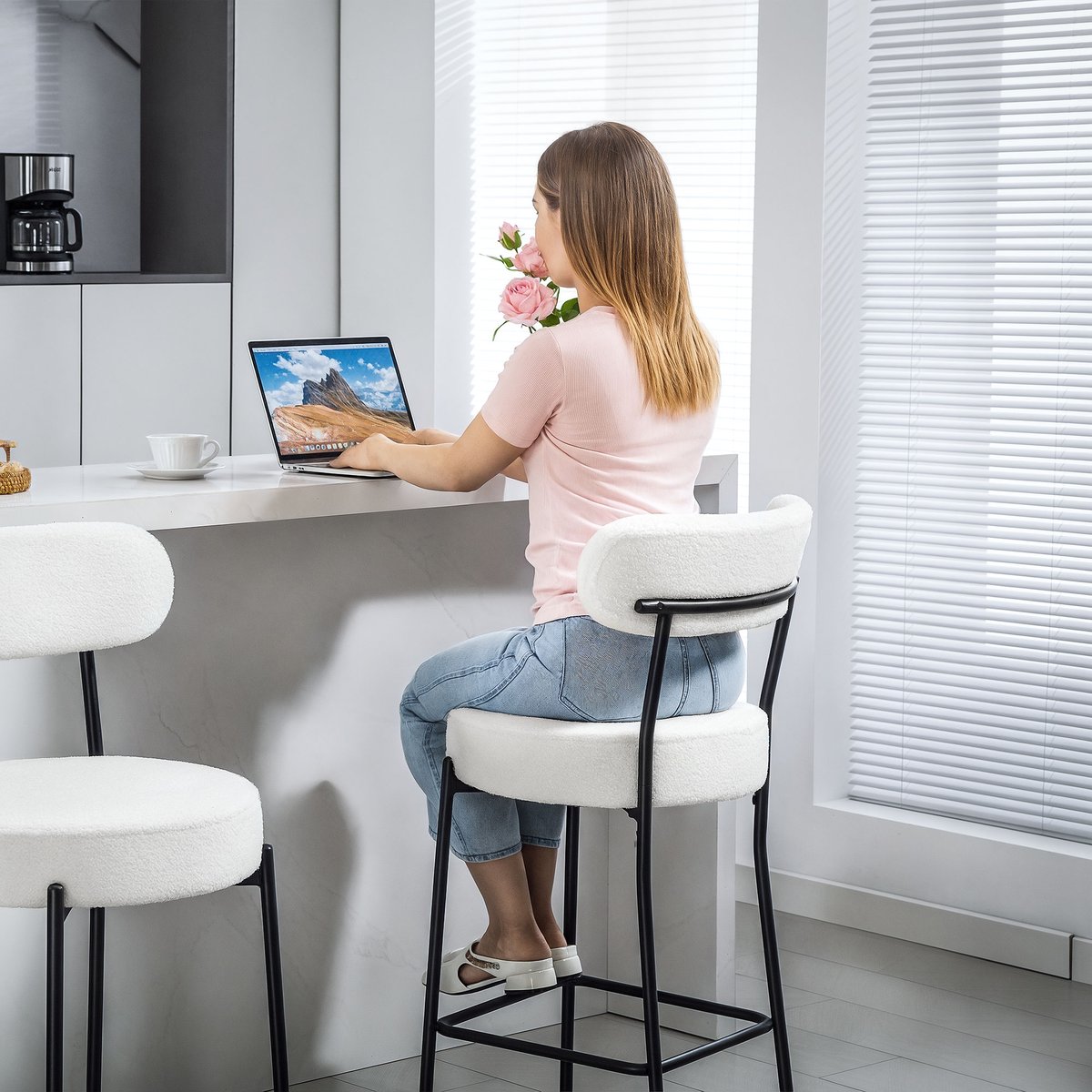 Tabouret de bar Tissu bouclette Crème crème, HOMCOM