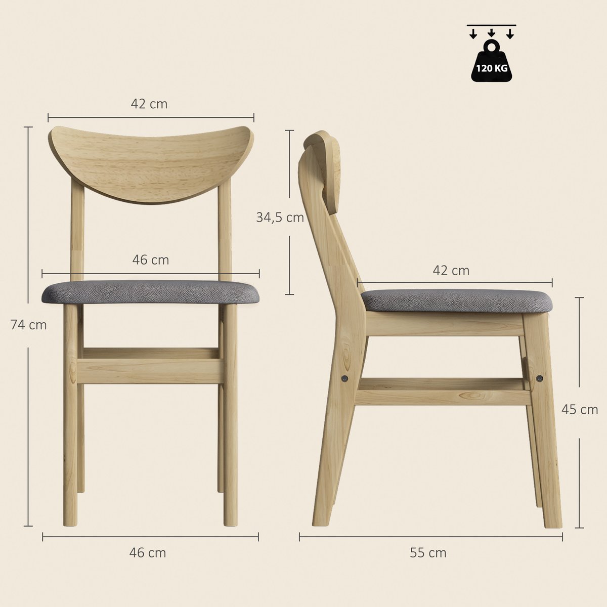 Chaise de salle à manger Tissu effet lin (100 gris et bois naturel, HOMCOM