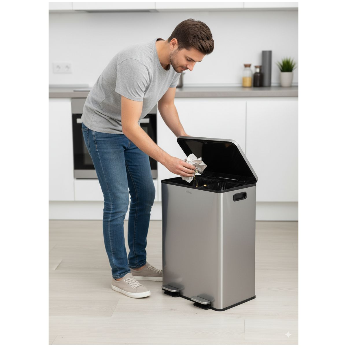 Poubelle de cuisine tri sélectif Tri selectif 60L inox couleur unique, MIOGO
