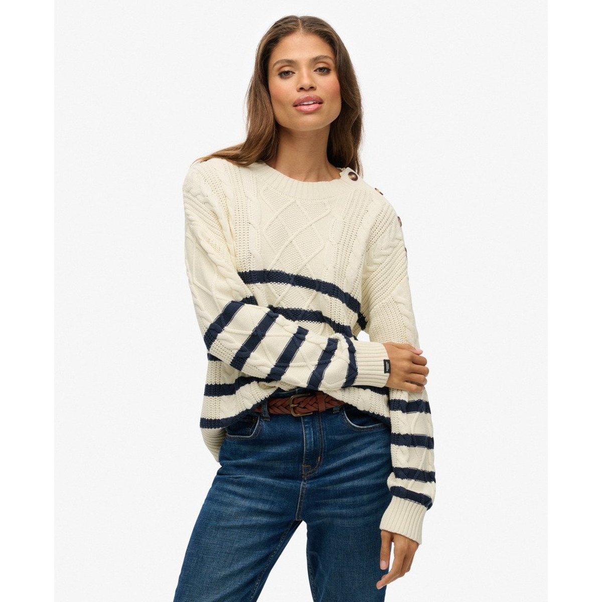 Pull torsadé à col rond rayures bleu marine profond et blanc cassé, SUPERDRY