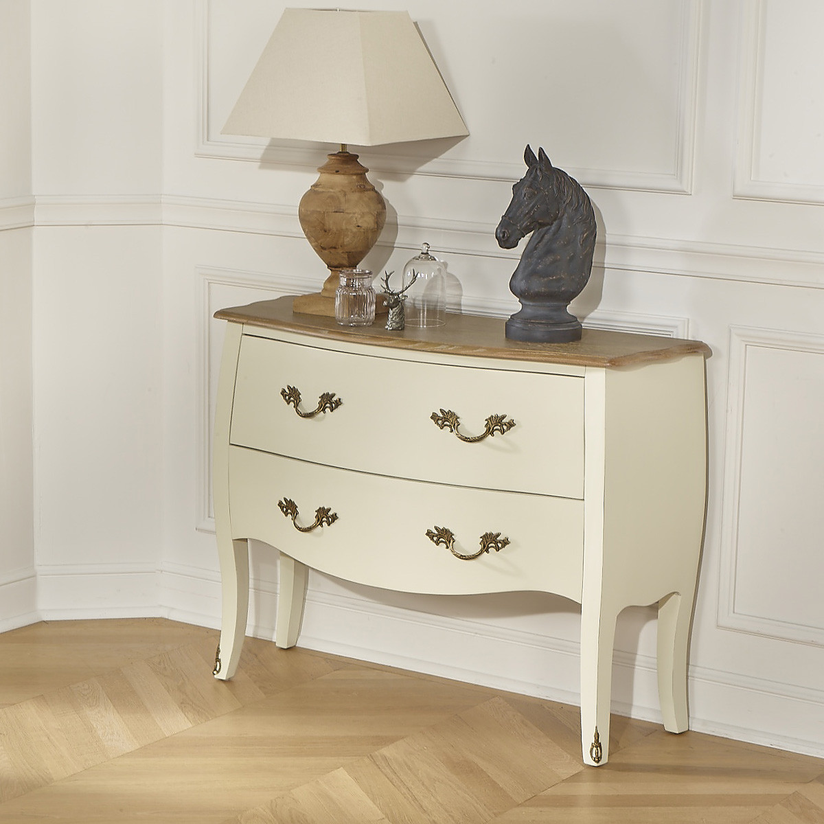 Commode style shabby chic, plateau chêne, 2 tiroirs AQUITAINE blanc, ROBIN DES BOIS