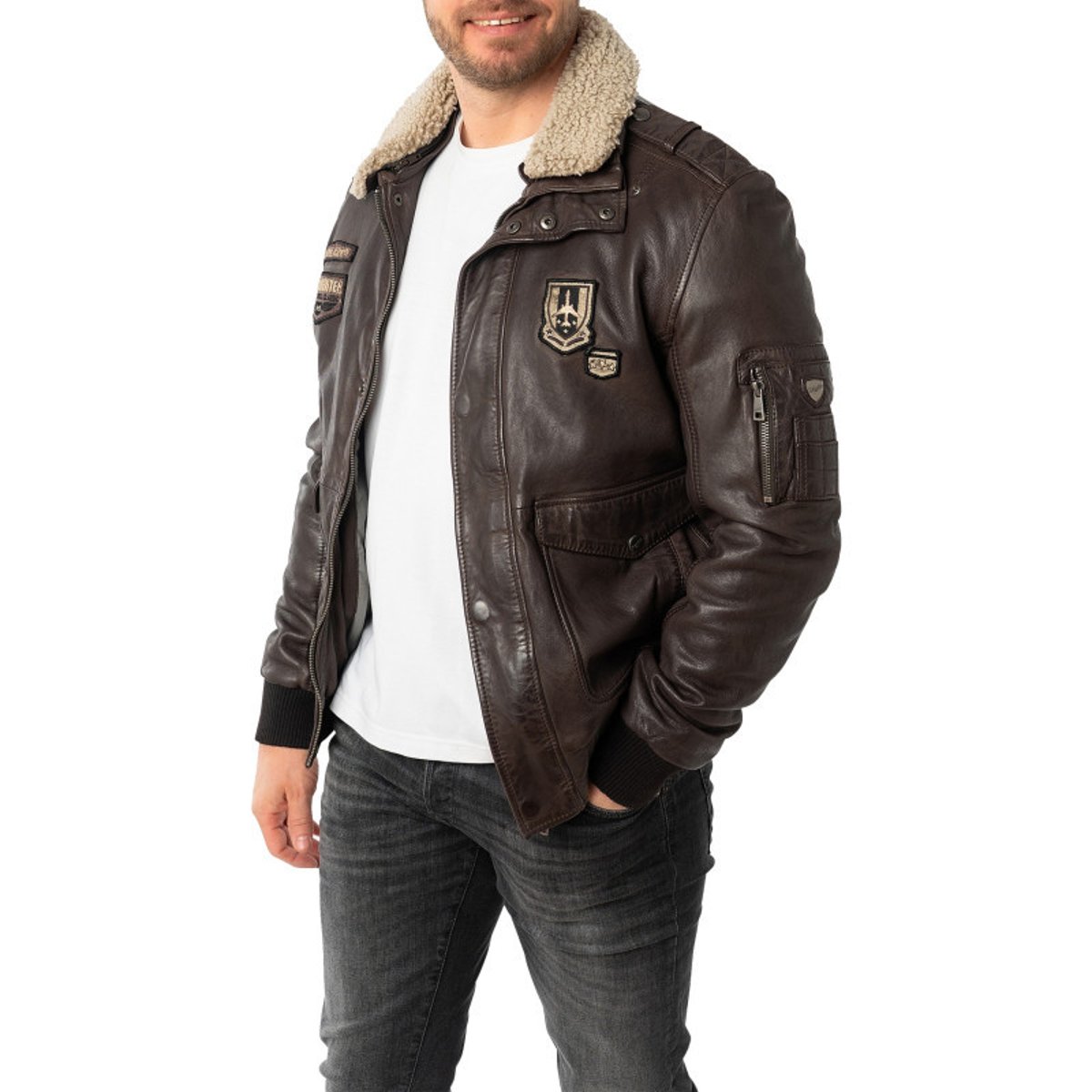 Blouson en cuir de mouton brun uni avec une coupe droite et un col à revers brun, GIPSY