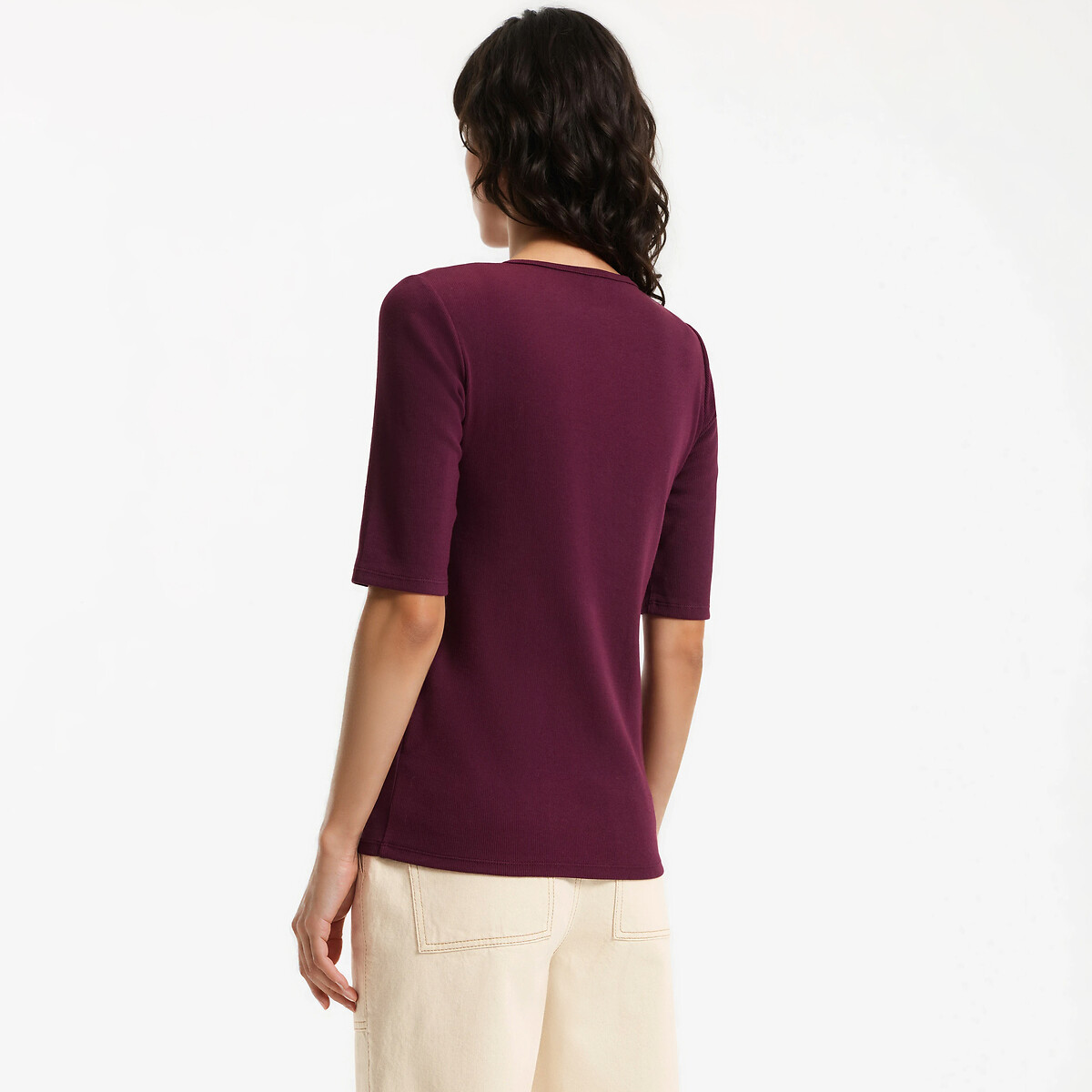 T-shirt boutonné col rond manches courtes violet prune, LA REDOUTE COLLECTIONS