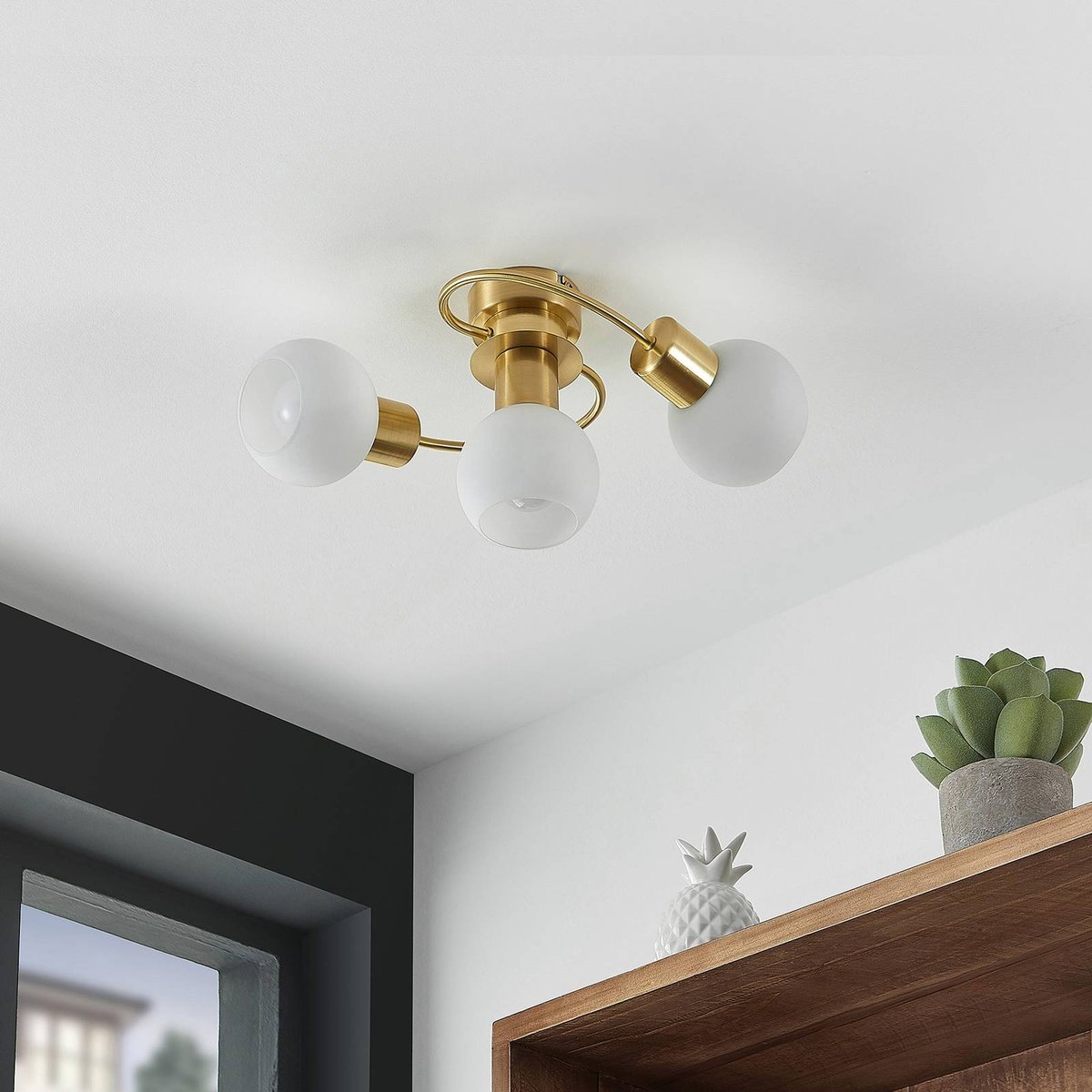 Plafonnier en verre moderne, Ciala laiton, blanc, LINDBY