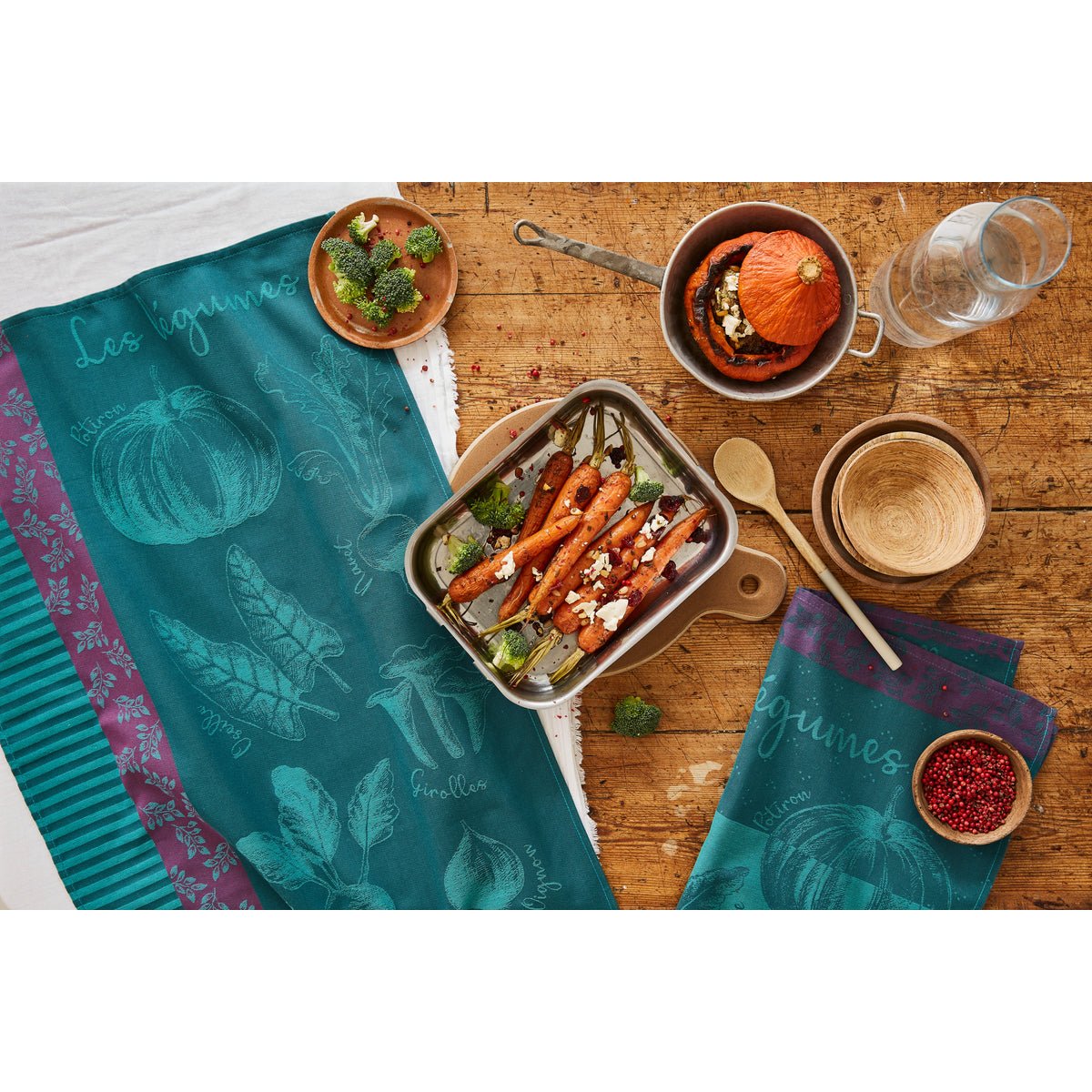 Torchon jacquard en coton POTAGER D'AUTOMNE bleu, COUCKE