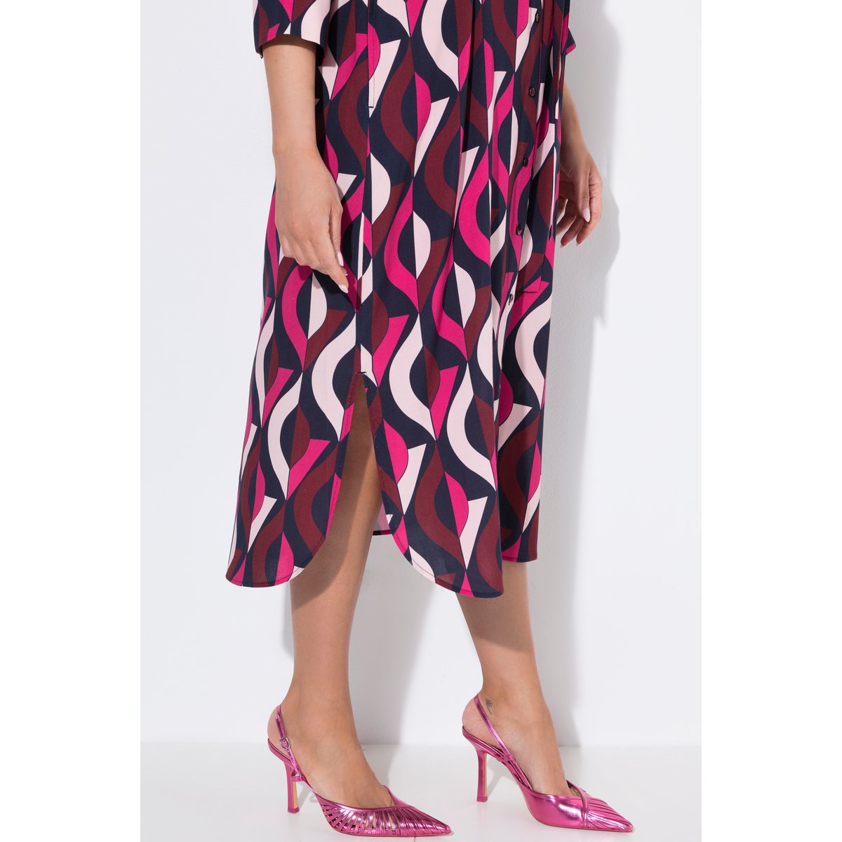 Robe maxi, col tunisien et manches 3/4 rose vif, ULLA POPKEN