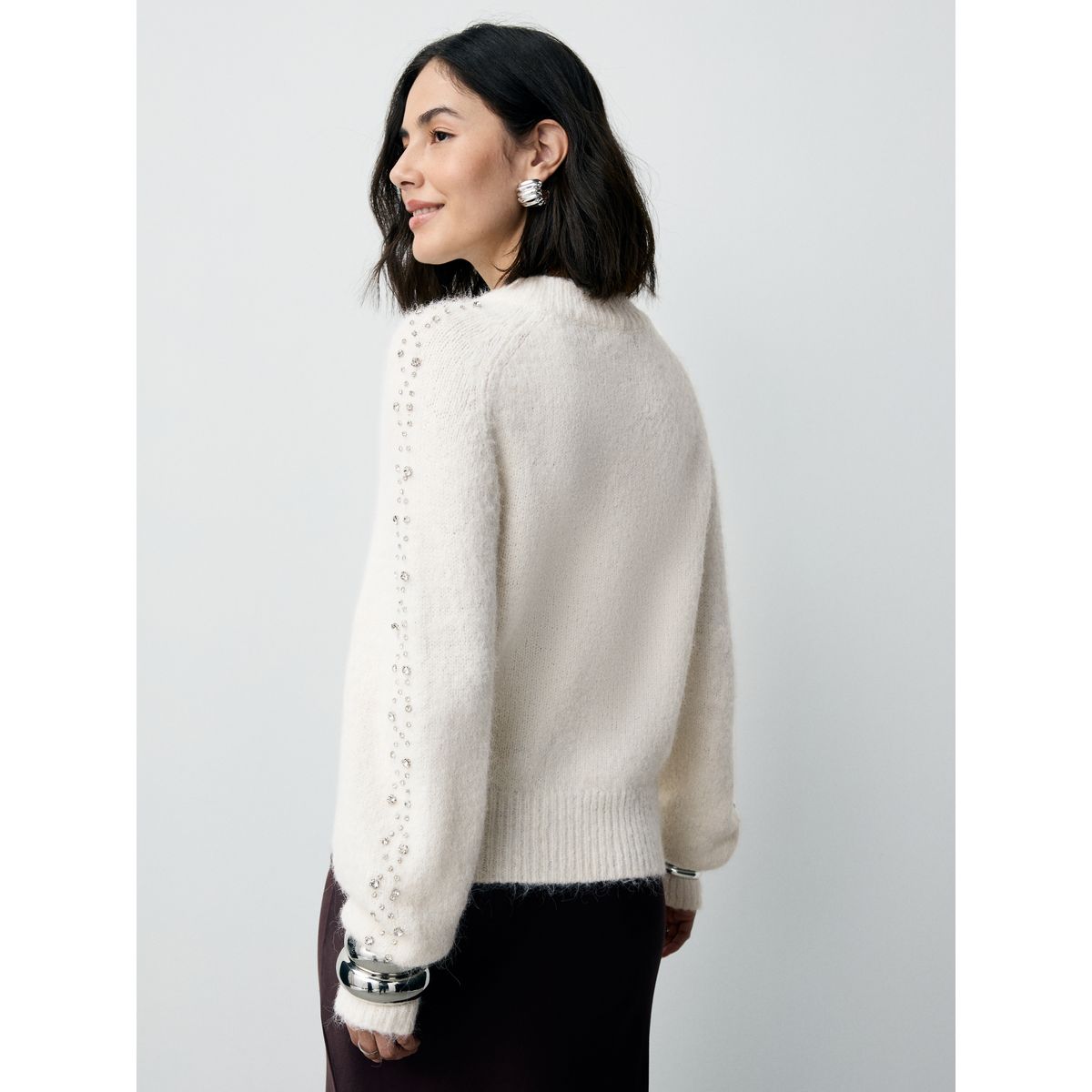 Pull avec manches ornées de pierres et laine ecru/blanc, NEXT