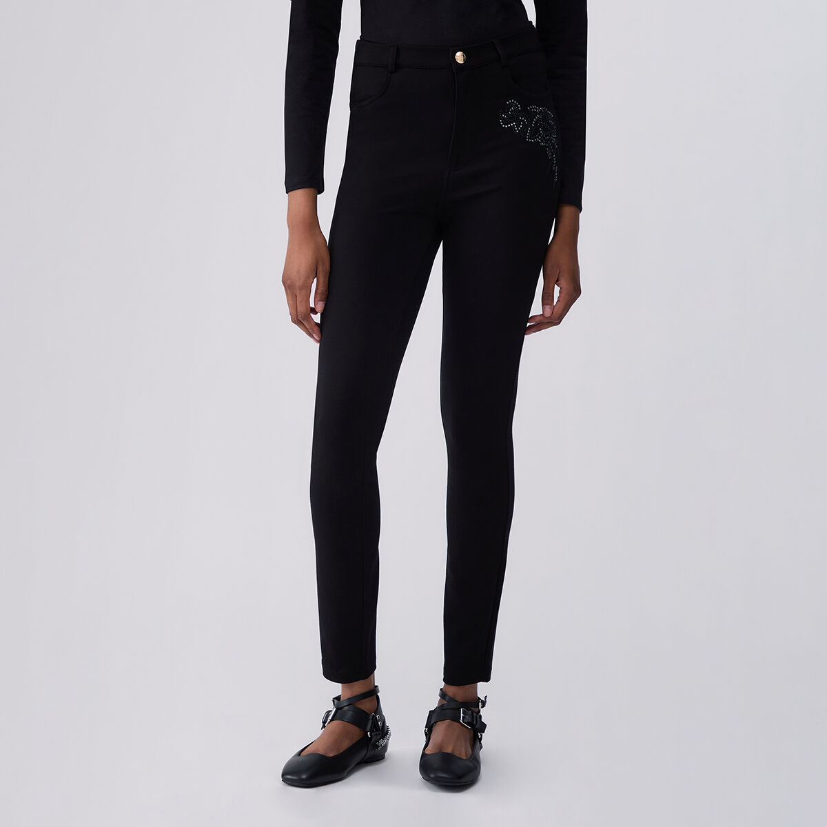 Pantalon skinny avec broderie bijou noir et ramage, LIU JO