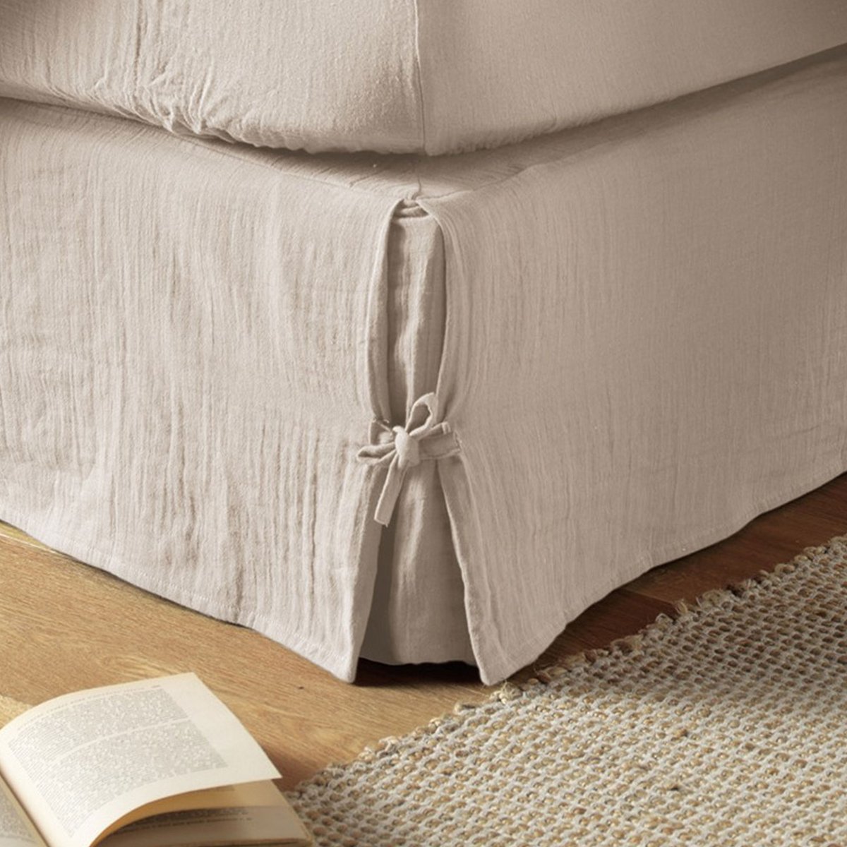 Cache sommier, en 100 % Gaze de coton, avec volant 30 cm naturel, EDEN