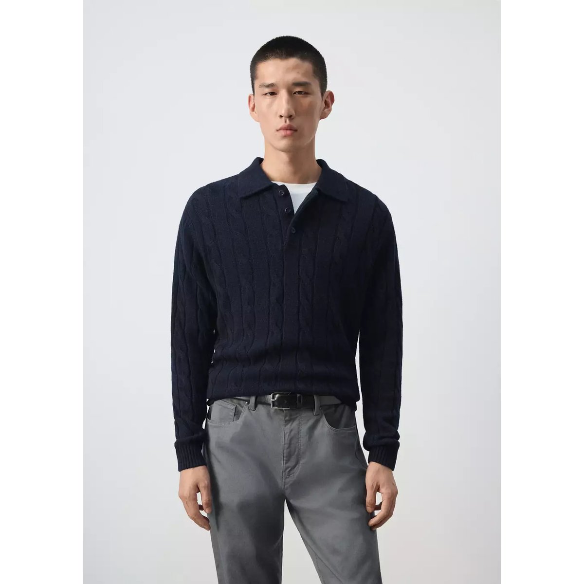 Pull polo 100 % laine maille torsadée bleu marine, MANGO MAN