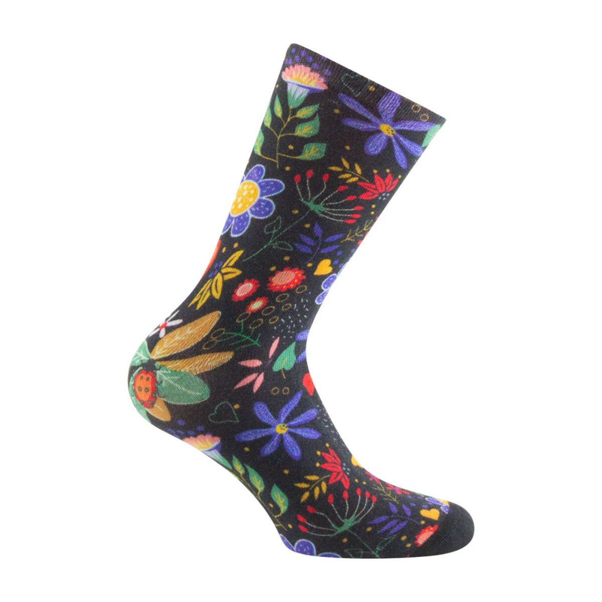 Mi-chaussettes imprimées Femme All over floral viscose de bambou noir, KINDY