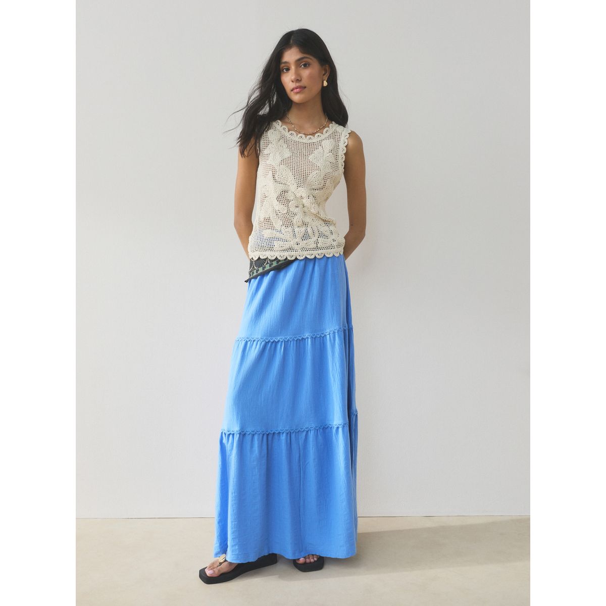 Jupe longue en coton avec volants superposés bleu, NEXT