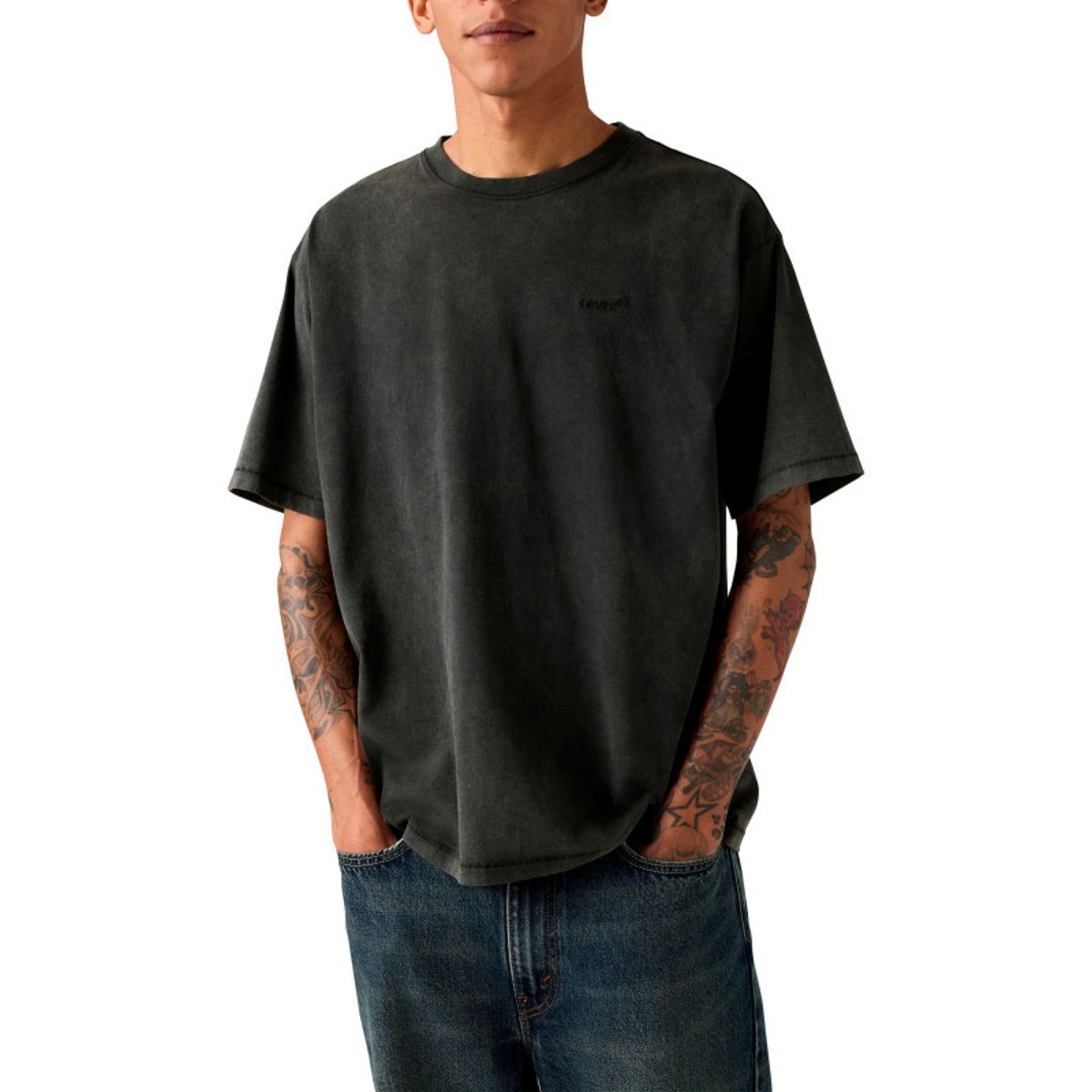 T-shirt en coton anthracite à coupe droite pourvu d'un col rond gris foncé, LEVI'S
