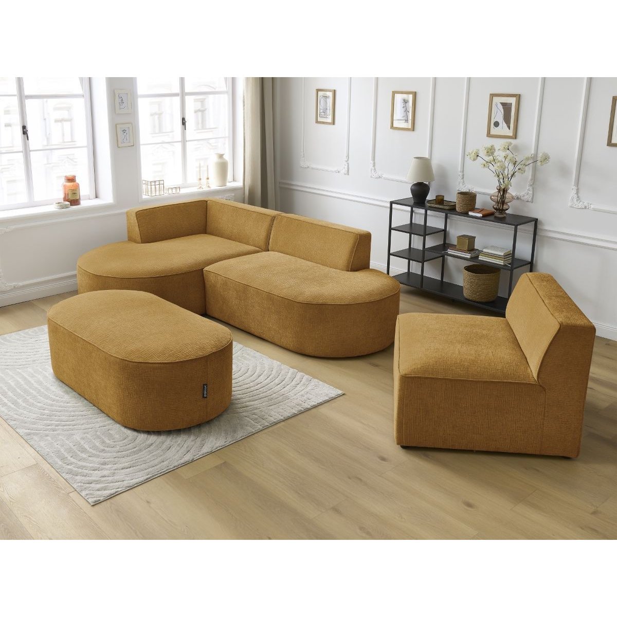 Canapé modulable 6 places en tissu texturé, ROUSSEAU jaune, BOBOCHIC