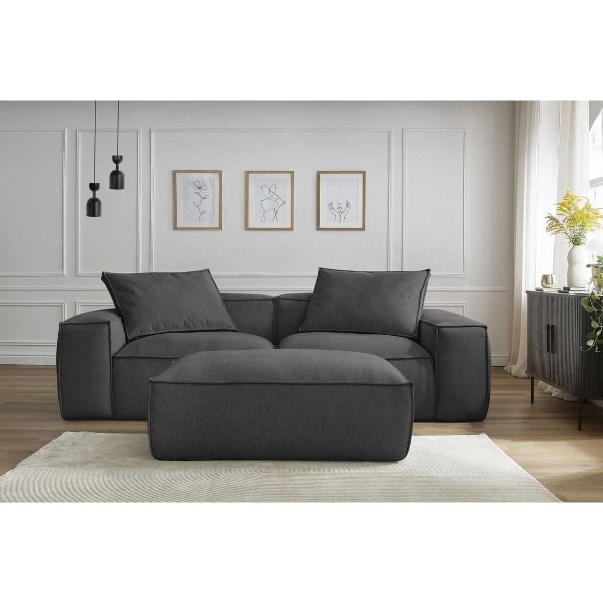 Canapé droit fixe 4 places en tissu chiné avec pouf, BOHEME gris foncé, BOBOCHIC