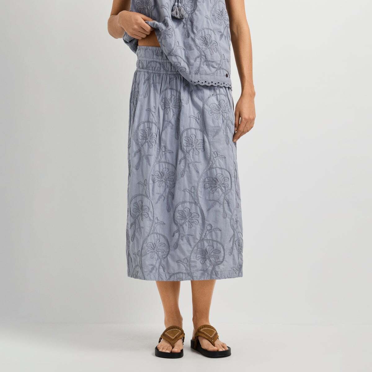 Jupe Midi Brodée Florale bleu mer tempête, PEPE JEANS