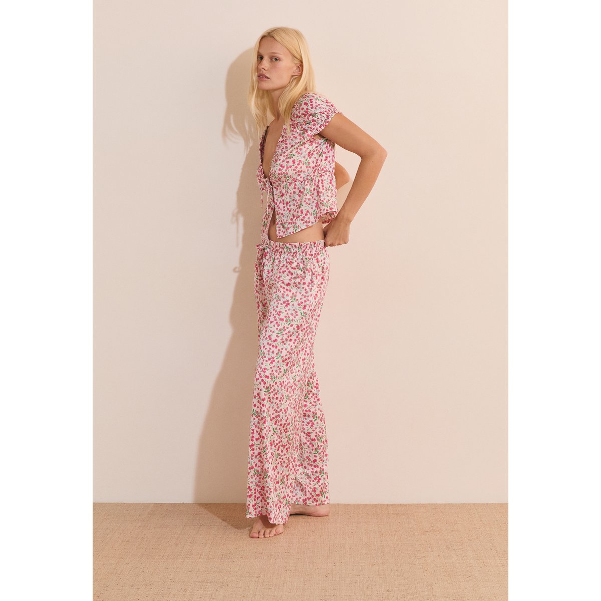 Pantalon de pyjama à motifs fleuris satiné FEUILLINE imp fond rose, ETAM