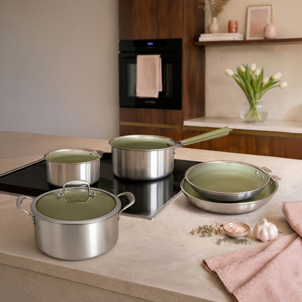 Batterie de cuisine 5 pièces en acier inoxydable avec 1 poignée, AGLAE inox-vert, MENASTYL