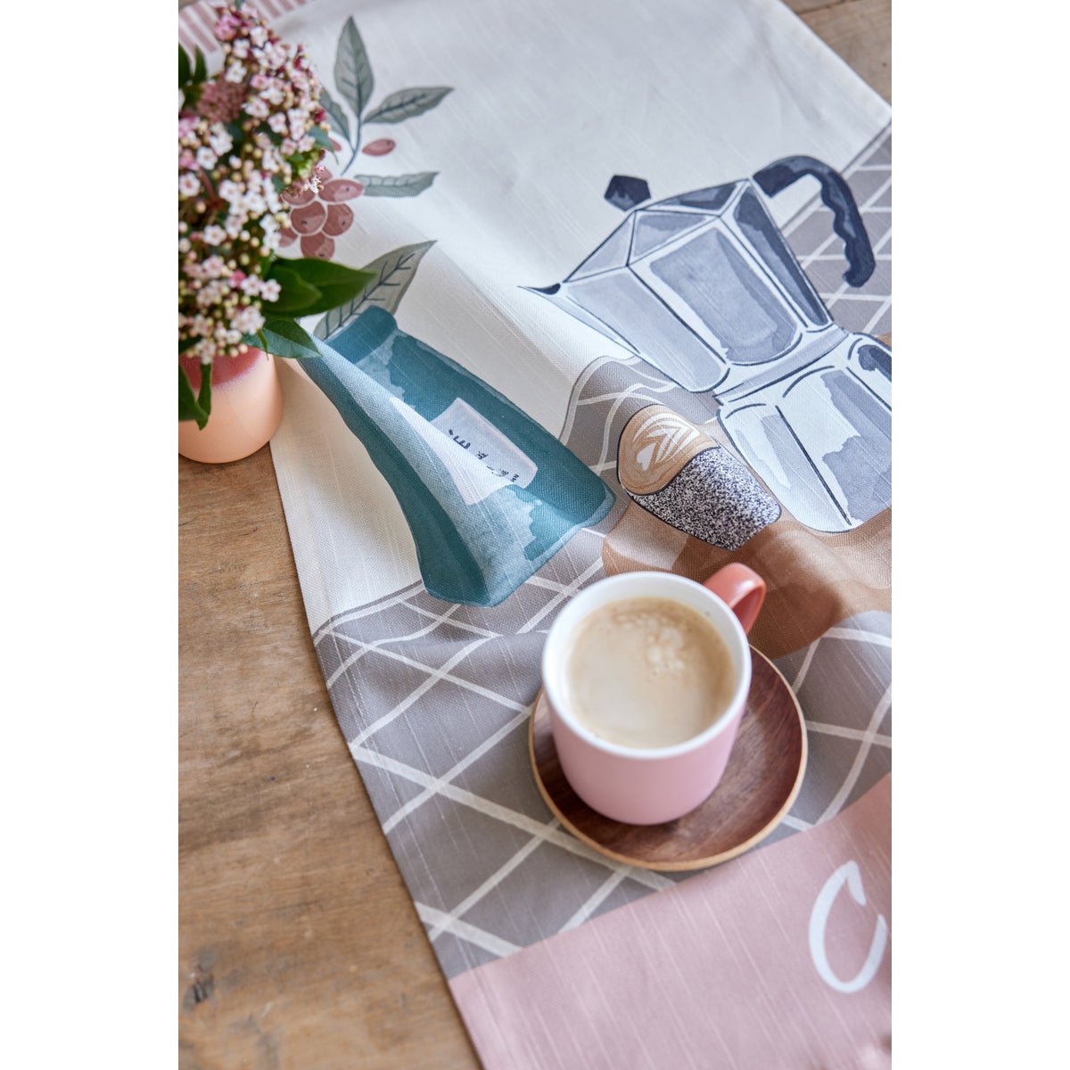 Torchon imprimé en coton et lin CAFÉ LATTE beige, COUCKE