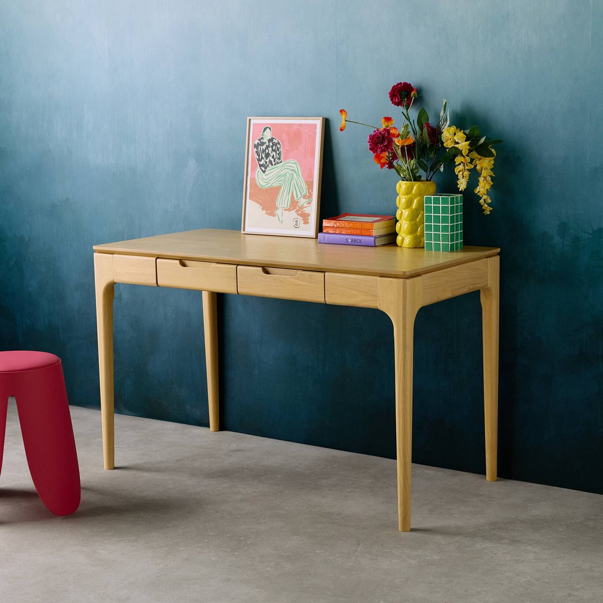 Bureau bois d'hévéa placage frêne 2 tiroirs ALIENOR naturel, SWEEEK
