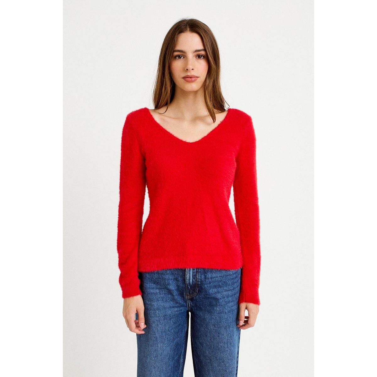 Pull col v manches longues perles rouge, CACHE CACHE
