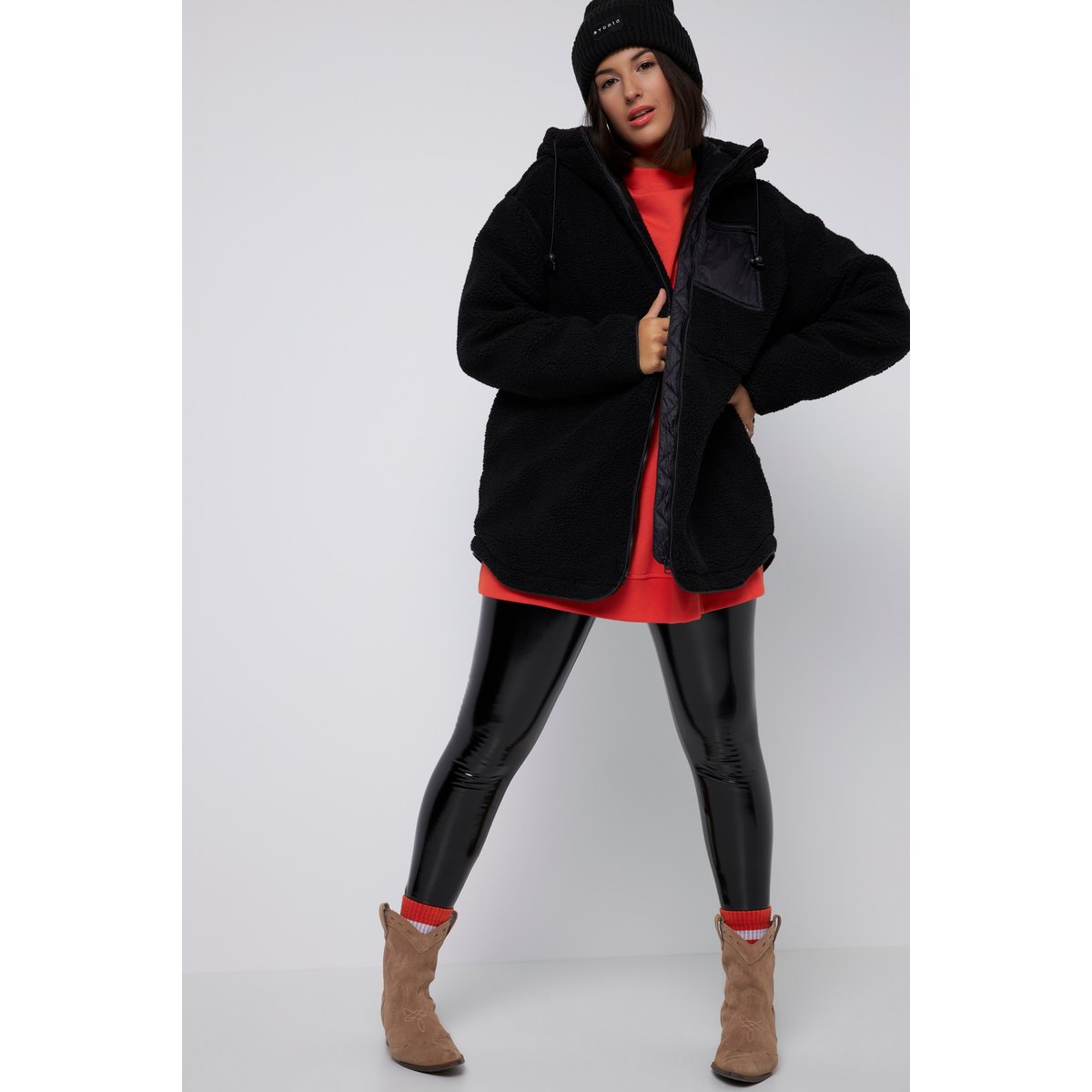 Veste en polaire bouclée, oversized, capuche noir, STUDIO UNTOLD