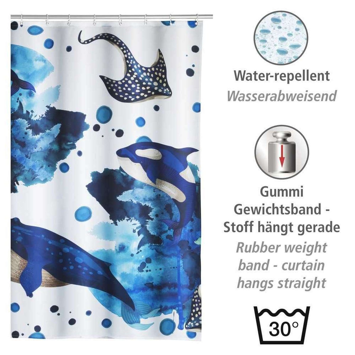 Rideau de douche en polyester recyclé à motifs animaux marins bleu, WENKO