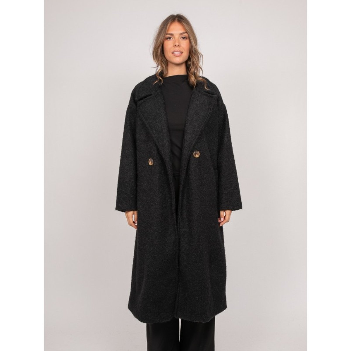 Manteau Long Oversize Maille Bouclée Uven noir, DONA LISA