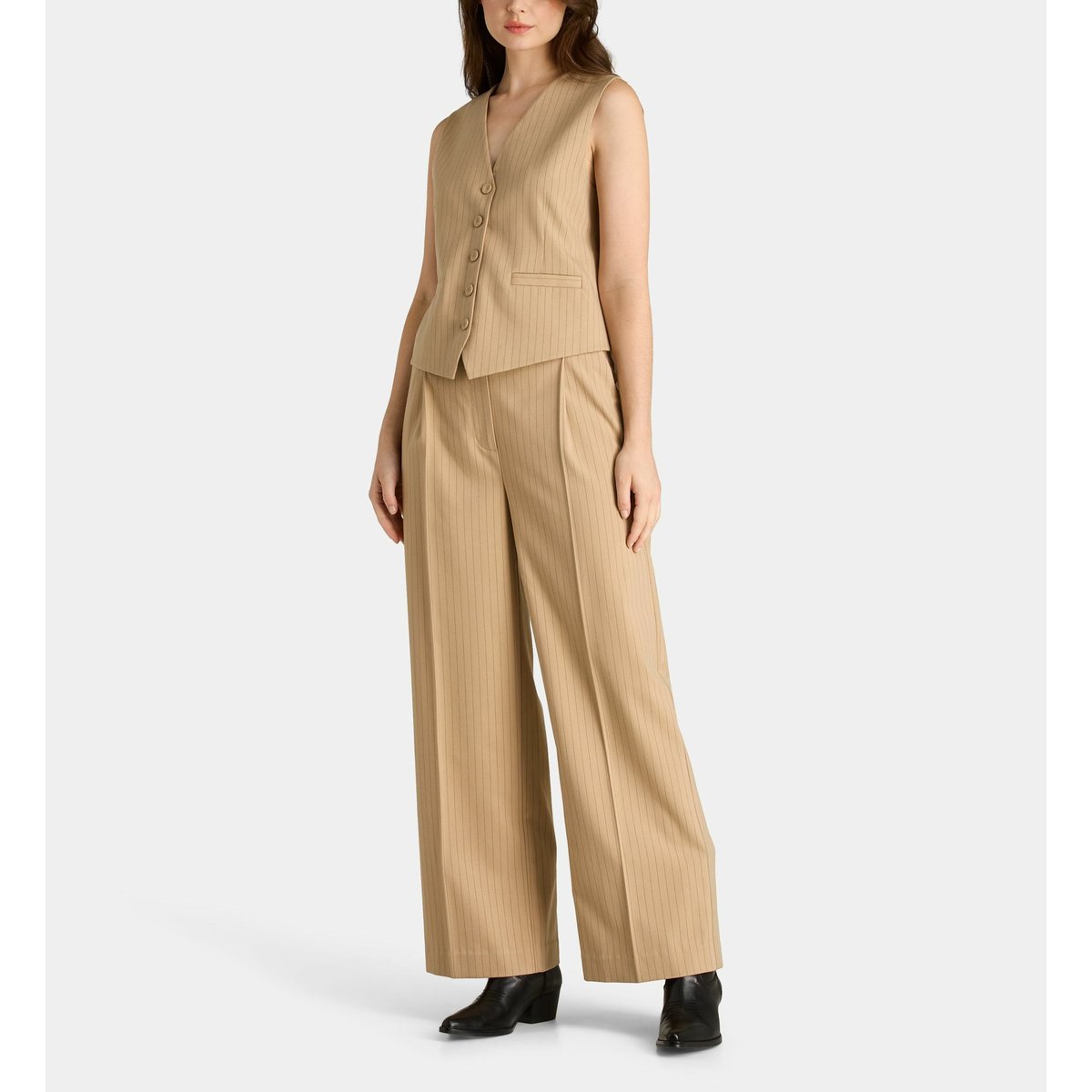 Pantalon dickens ten rayé droit beige clair, GALERIES LAFAYETTE