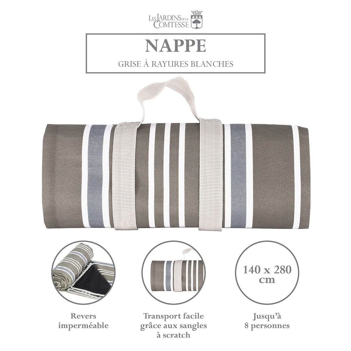 Nappe pique-nique à revers imperméable gris et blanc, LES JARDINS DE LA COMTESSE