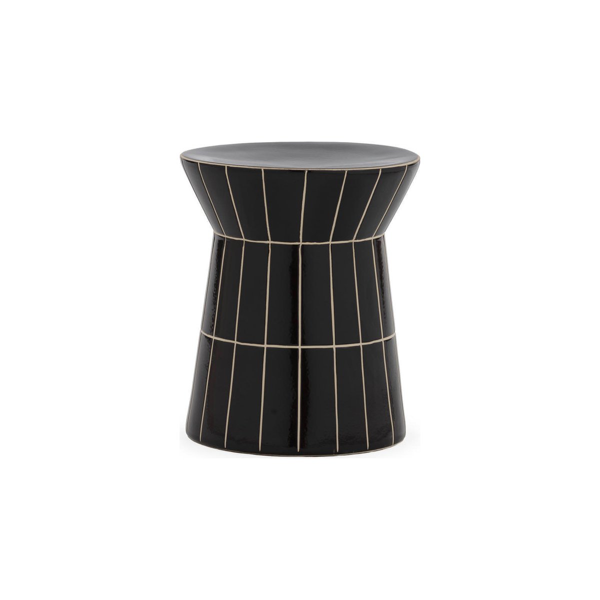 Tabouret en céramique noir à lignes beige, RECOLLECTION
