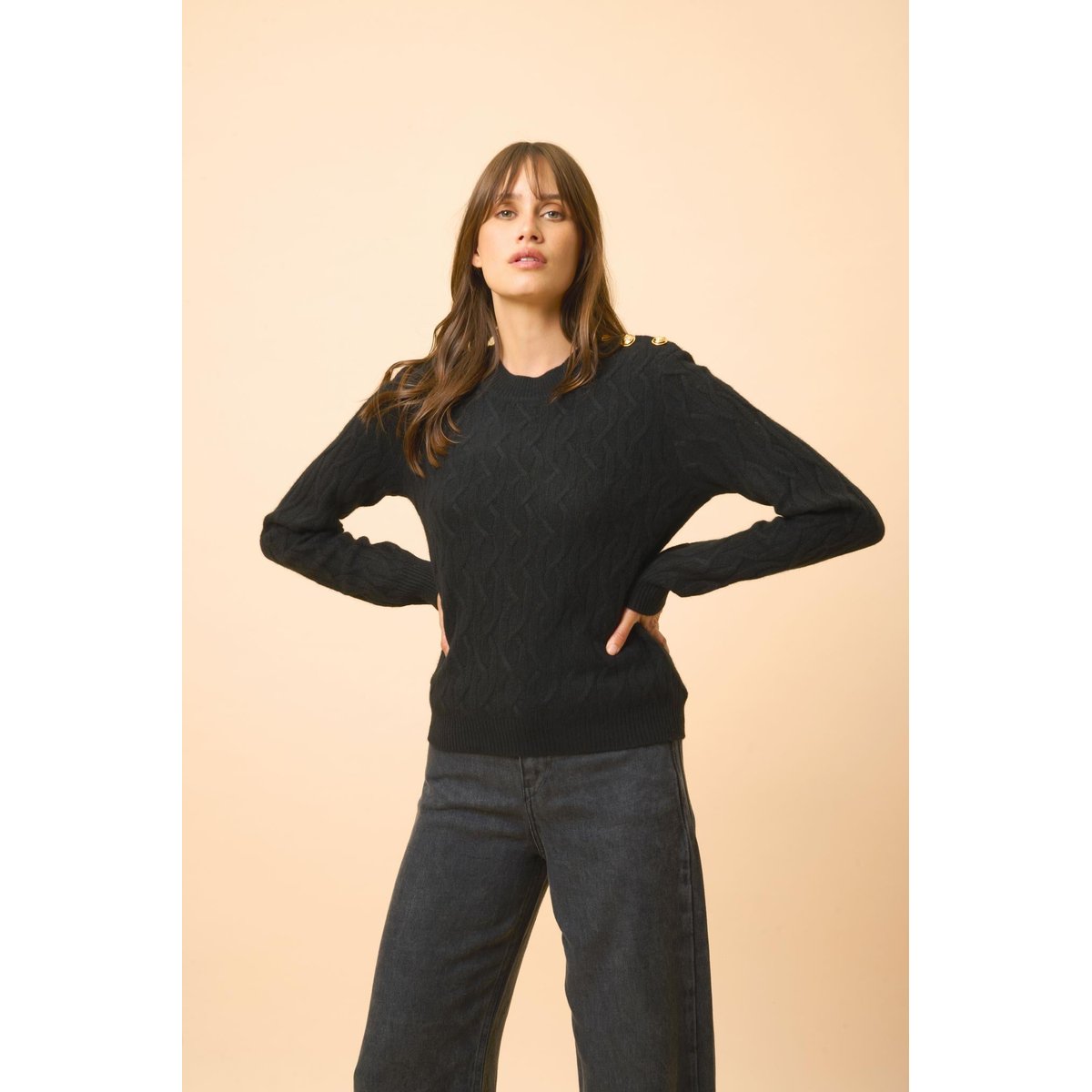 Pull Col Rond Marin 4 Fils Noir Lynd noir, JUST CASHMERE