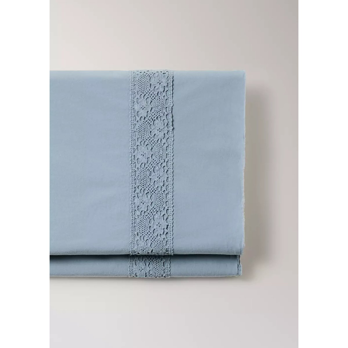 Drap plat percale de coton lavé détail dentelle lit 135/140 cm bleu, MANGO HOME